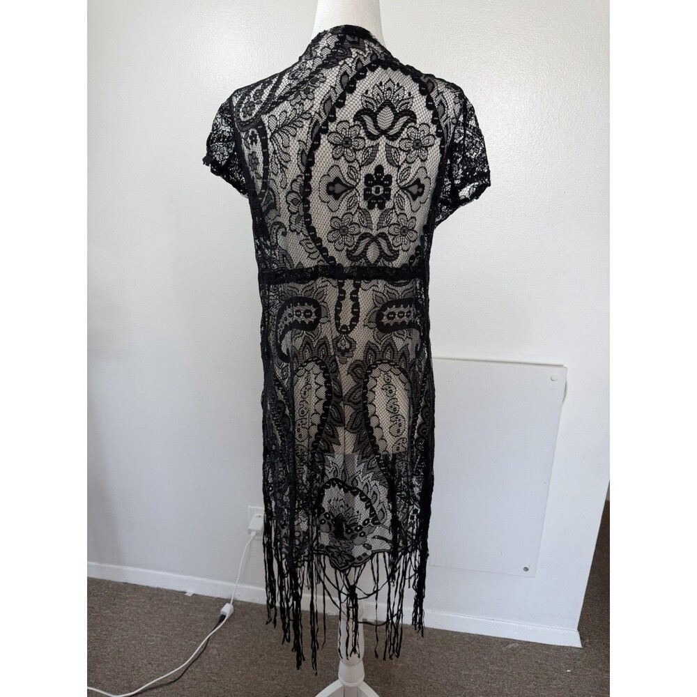 Black Lace Fringe Kimono Cardigan beach Cover Up Boho Festival Gothic Size S - Picture 3 of 5